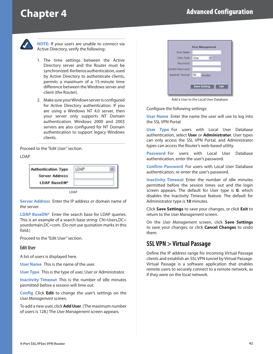 Ssl vpn > virtual passage, Chapter 4, Advanced configuration | Cisco 4-Port SSL/IPSec VPN Router RVL200 User Manual | Page 50 / 117
