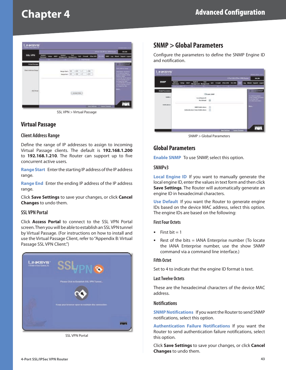 Virtual passage, Snmp > global parameters, Global parameters | Chapter 4, Advanced configuration | Cisco 4-Port SSL/IPSec VPN Router RVL200 User Manual | Page 51 / 117