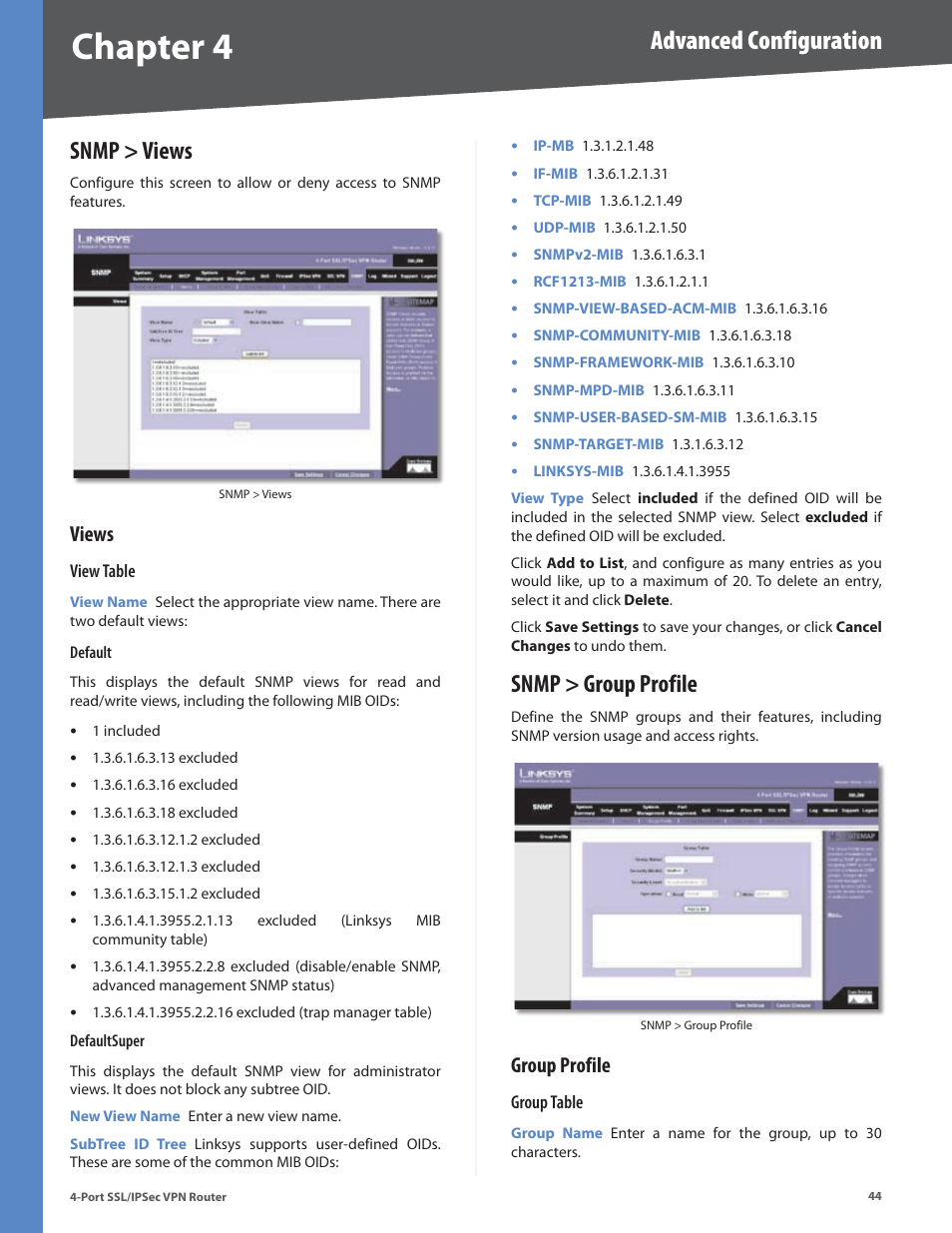 Snmp > views, Views, Snmp > group profile | Group profile, Chapter 4, Advanced configuration | Cisco 4-Port SSL/IPSec VPN Router RVL200 User Manual | Page 52 / 117