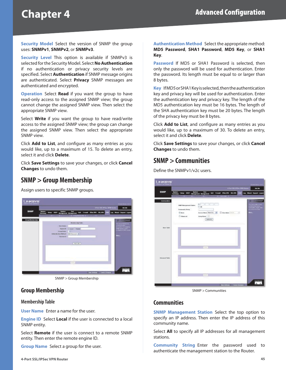 Snmp > group membership, Group membership, Snmp > communities | Communities, Chapter 4, Advanced configuration | Cisco 4-Port SSL/IPSec VPN Router RVL200 User Manual | Page 53 / 117