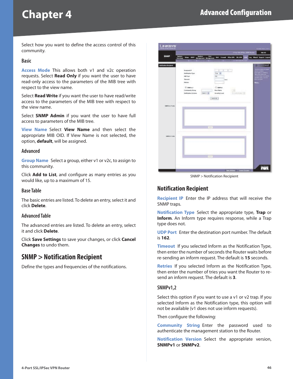 Snmp > notification recipient, Notification recipient, Chapter 4 | Advanced configuration | Cisco 4-Port SSL/IPSec VPN Router RVL200 User Manual | Page 54 / 117