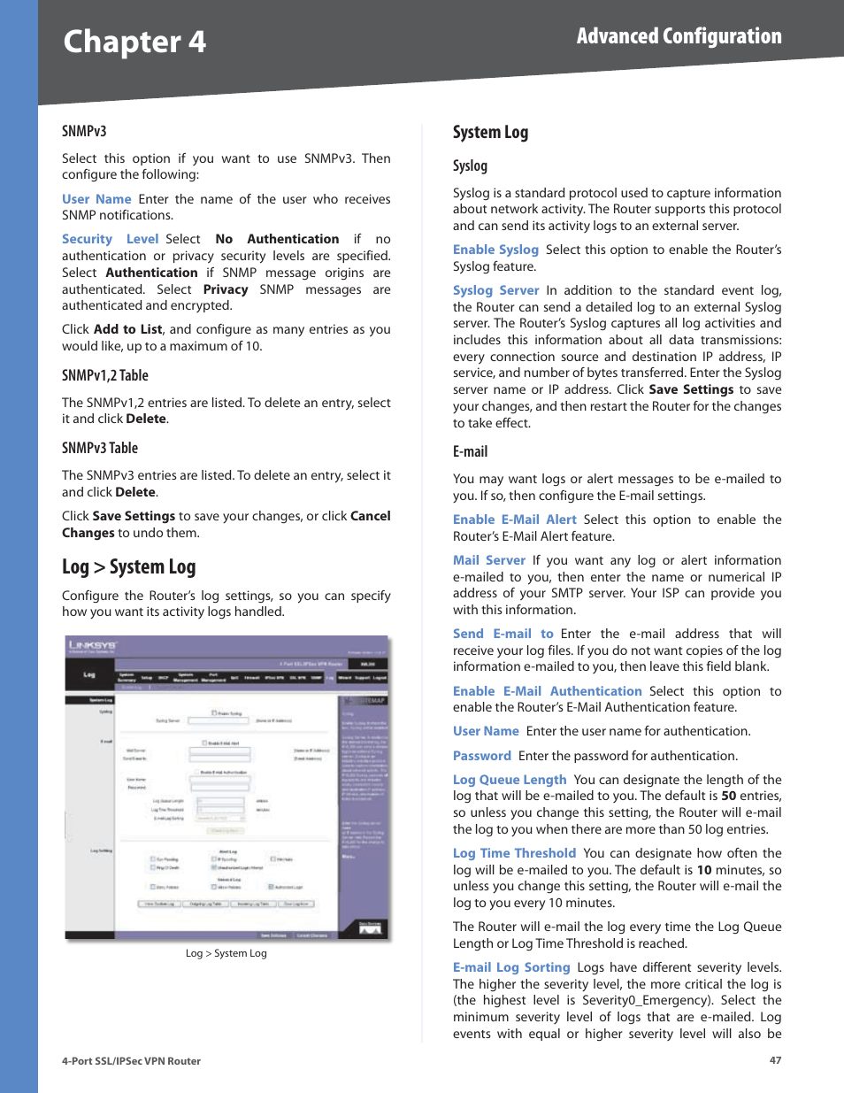 Log > system log, System log, Chapter 4 | Advanced configuration | Cisco 4-Port SSL/IPSec VPN Router RVL200 User Manual | Page 55 / 117