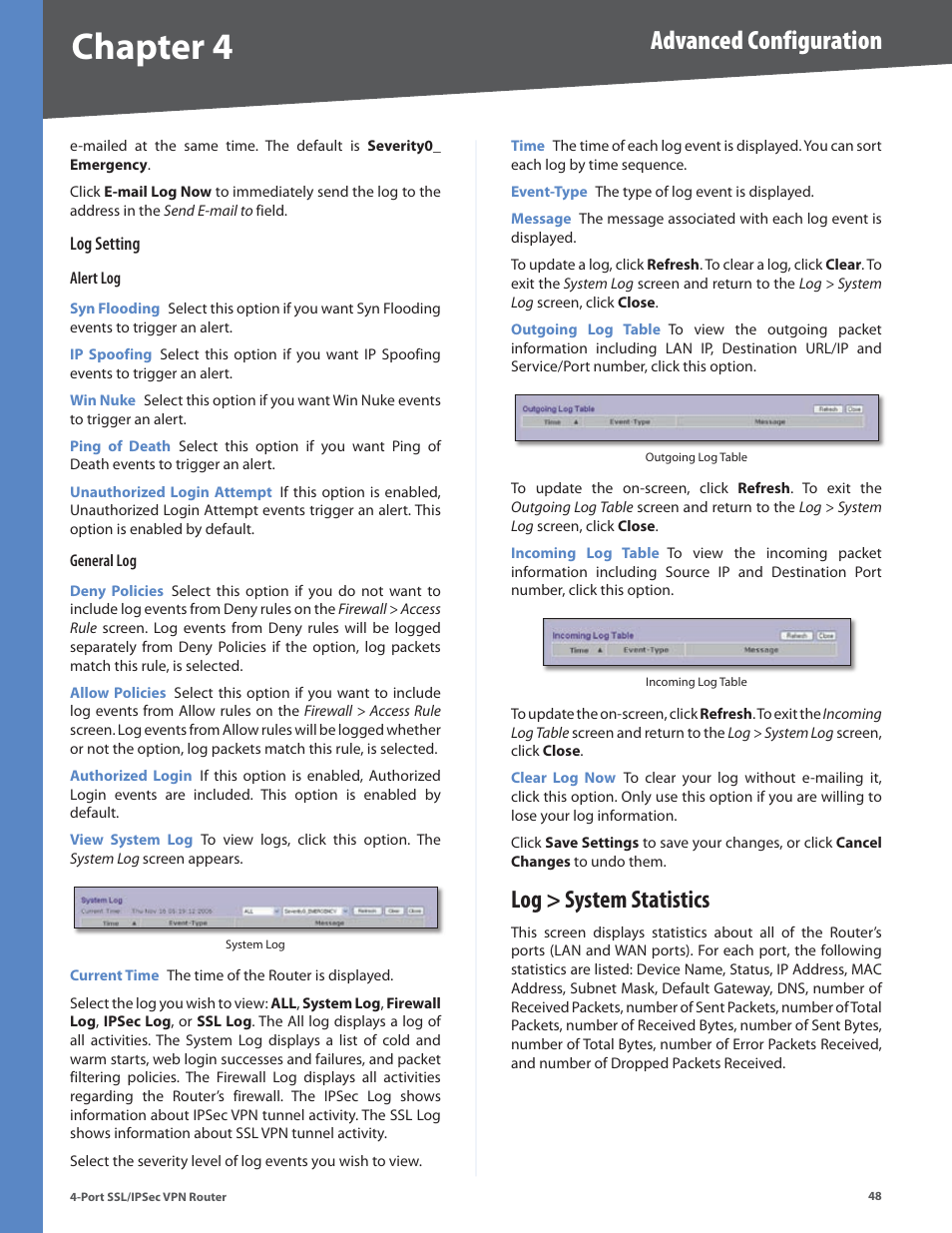 Log > system statistics, Chapter 4, Advanced configuration | Cisco 4-Port SSL/IPSec VPN Router RVL200 User Manual | Page 56 / 117