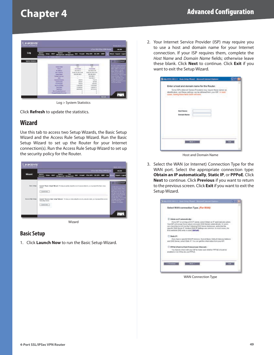 Wizard, Basic setup, Chapter 4 | Advanced configuration | Cisco 4-Port SSL/IPSec VPN Router RVL200 User Manual | Page 57 / 117
