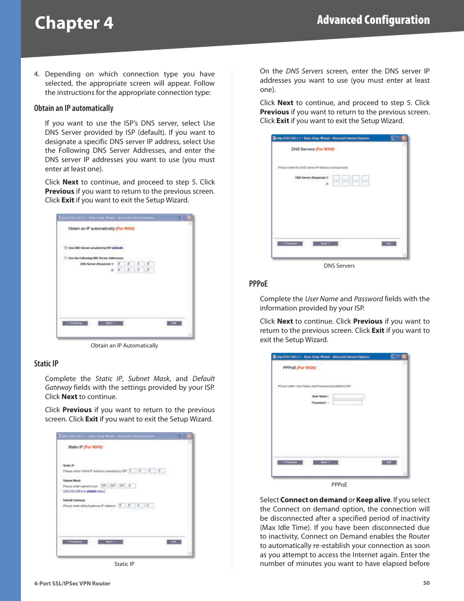 Chapter 4, Advanced configuration | Cisco 4-Port SSL/IPSec VPN Router RVL200 User Manual | Page 58 / 117