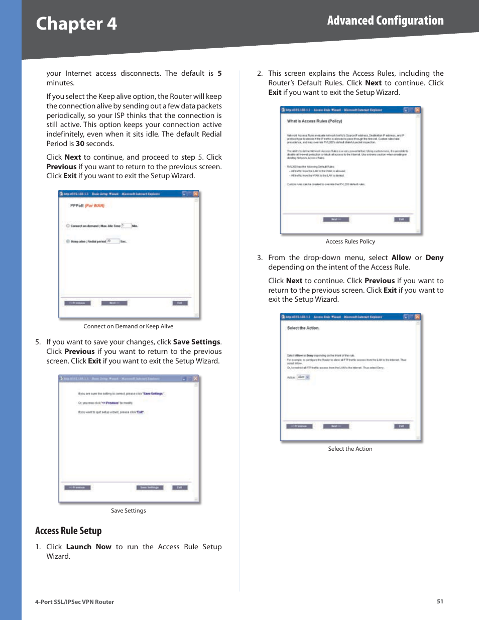 Access rule setup, Chapter 4, Advanced configuration | Cisco 4-Port SSL/IPSec VPN Router RVL200 User Manual | Page 59 / 117
