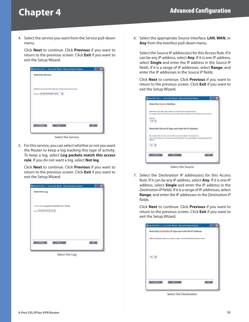 Chapter 4, Advanced configuration | Cisco 4-Port SSL/IPSec VPN Router RVL200 User Manual | Page 60 / 117