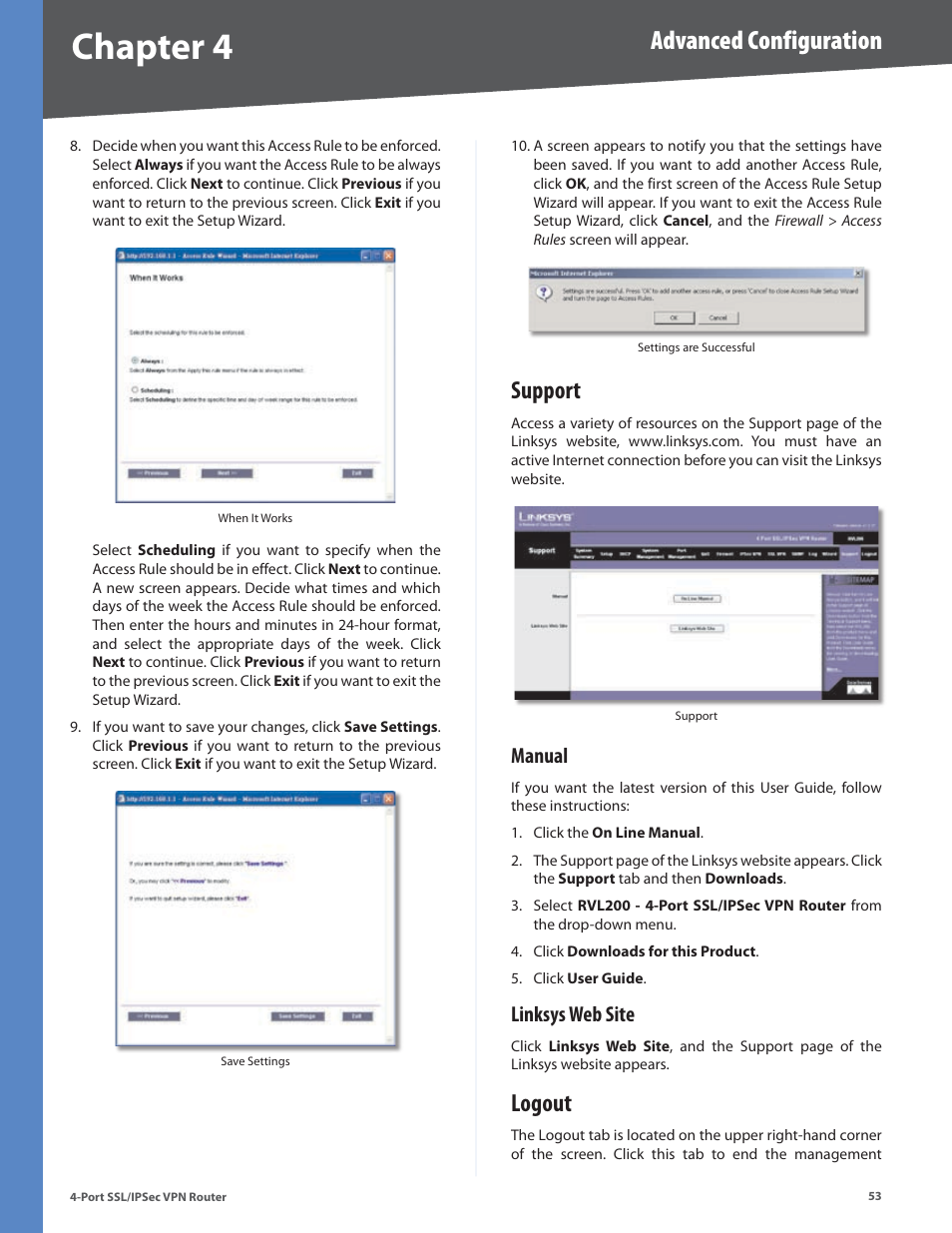 Support, Manual, Linksys web site | Logout, Manual linksys web site, Chapter 4, Advanced configuration | Cisco 4-Port SSL/IPSec VPN Router RVL200 User Manual | Page 61 / 117