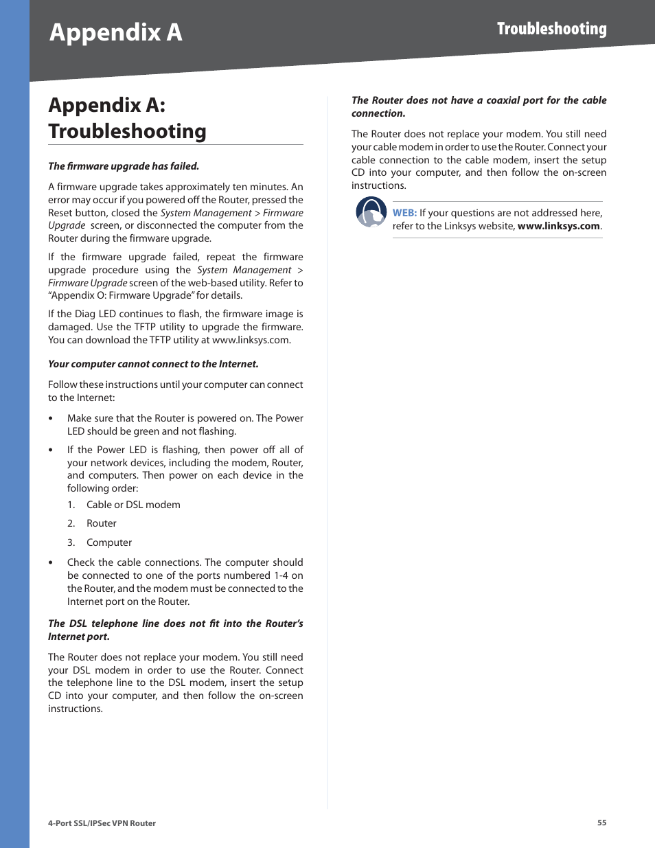 Appendix a: troubleshooting, Appendix a, Troubleshooting | Cisco 4-Port SSL/IPSec VPN Router RVL200 User Manual | Page 63 / 117