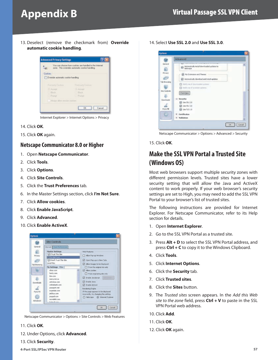 Netscape communicator 8.0 or higher, Appendix b, Virtual passage ssl vpn client | Cisco 4-Port SSL/IPSec VPN Router RVL200 User Manual | Page 65 / 117