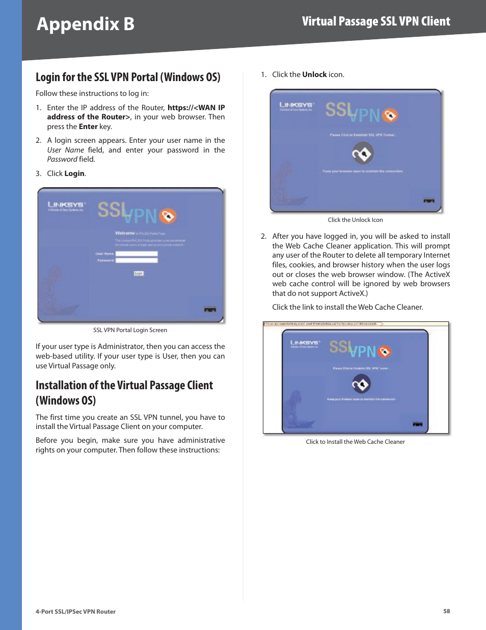 Login for the ssl vpn portal (windows os), Appendix b, Virtual passage ssl vpn client | Cisco 4-Port SSL/IPSec VPN Router RVL200 User Manual | Page 66 / 117