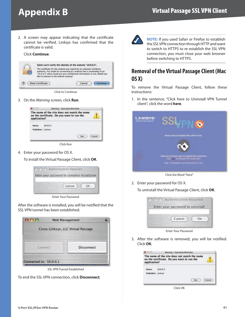 Removal of the virtual passage client (mac os x), Appendix b, Virtual passage ssl vpn client | Cisco 4-Port SSL/IPSec VPN Router RVL200 User Manual | Page 69 / 117