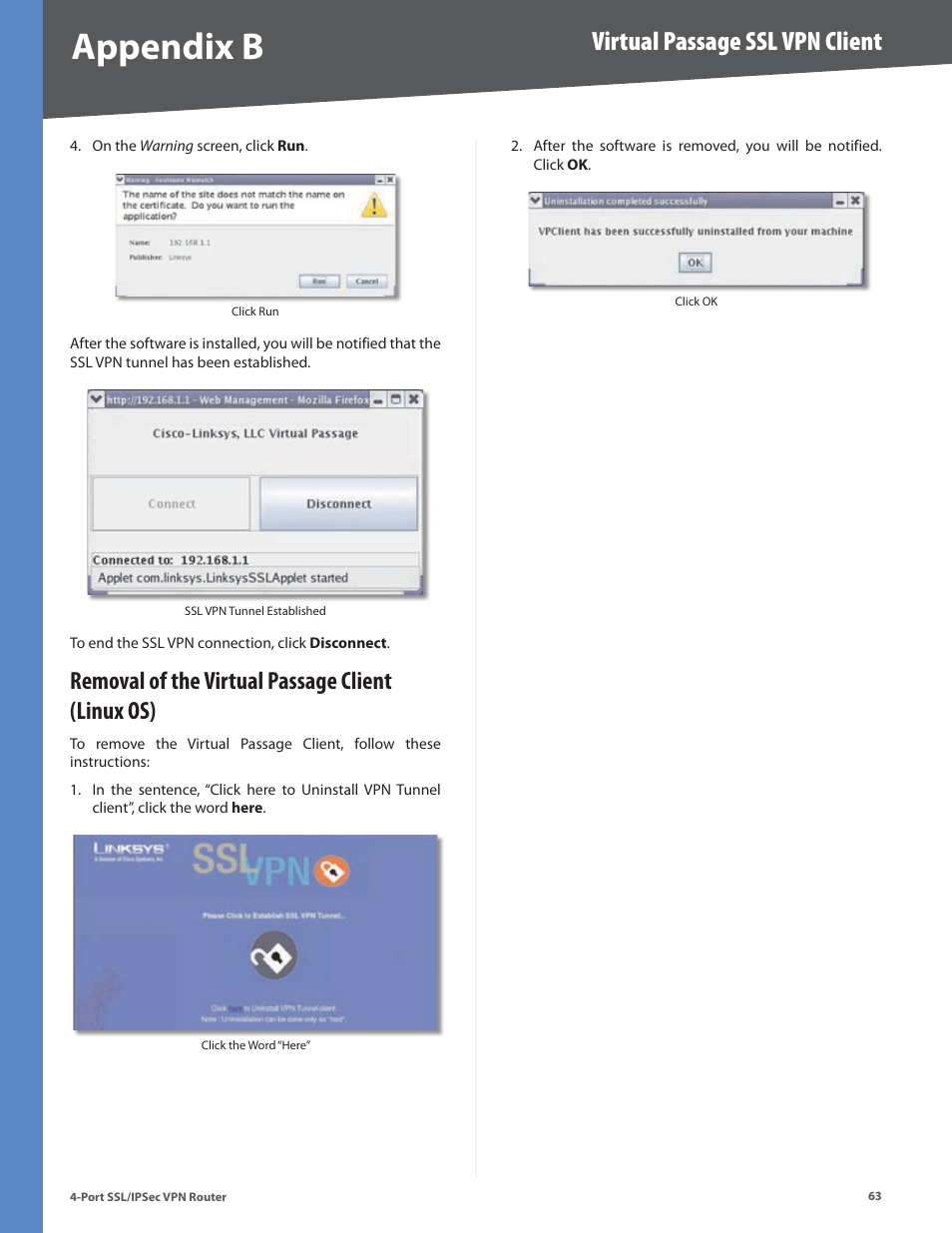 Removal of the virtual passage client (linux os), Appendix b, Virtual passage ssl vpn client | Cisco 4-Port SSL/IPSec VPN Router RVL200 User Manual | Page 71 / 117