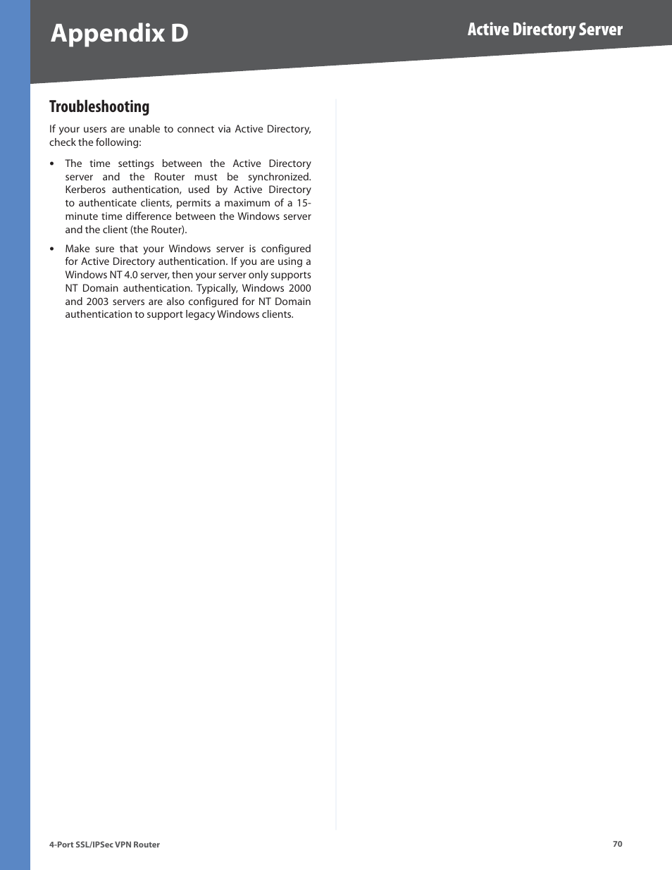 Troubleshooting, Appendix d, Active directory server | Cisco 4-Port SSL/IPSec VPN Router RVL200 User Manual | Page 78 / 117