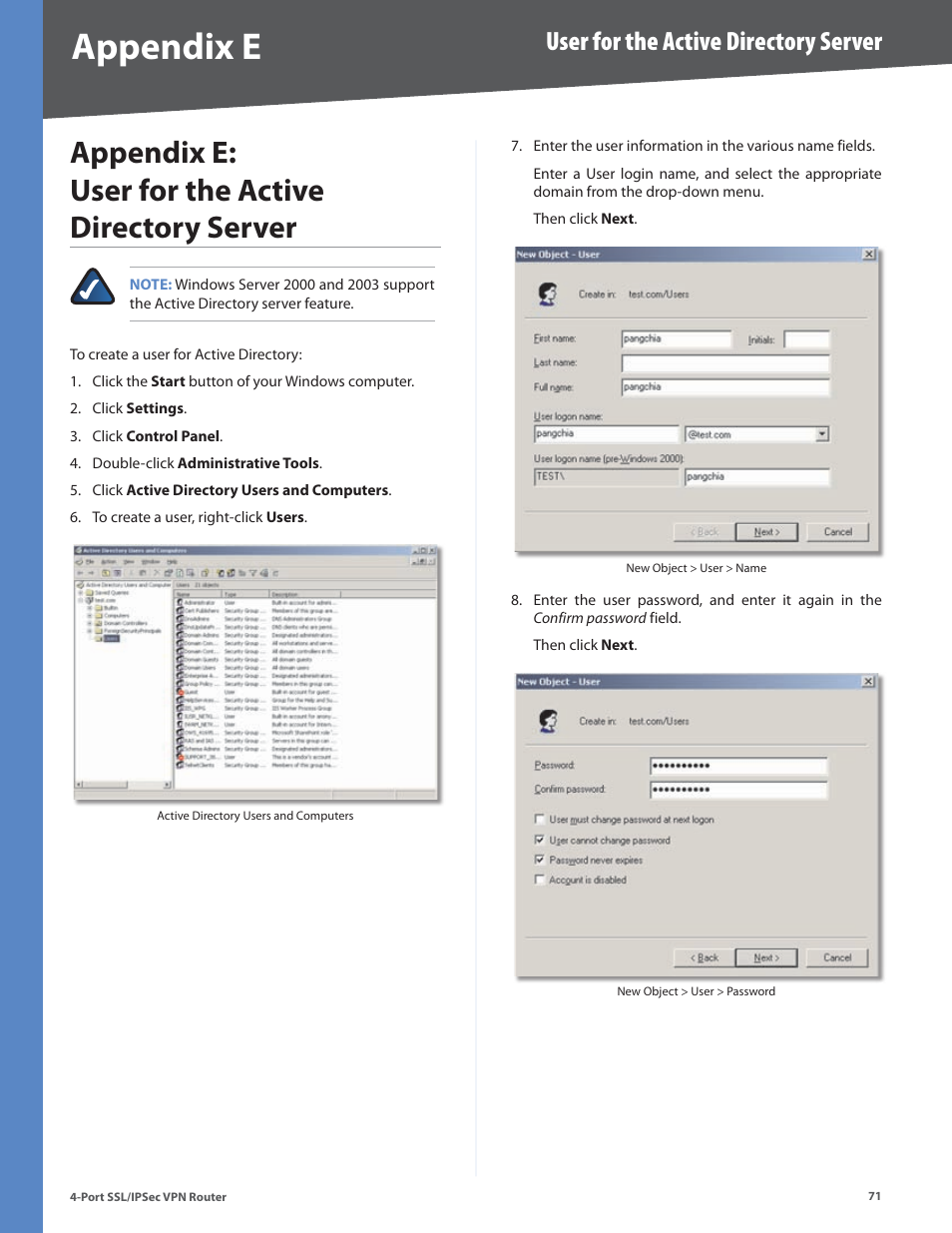 Appendix e: user for the active directory server, Appendix e, User for the active directory server | Cisco 4-Port SSL/IPSec VPN Router RVL200 User Manual | Page 79 / 117