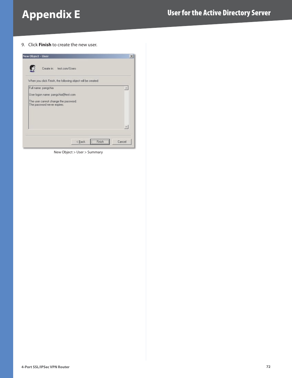 Appendix e, User for the active directory server | Cisco 4-Port SSL/IPSec VPN Router RVL200 User Manual | Page 80 / 117
