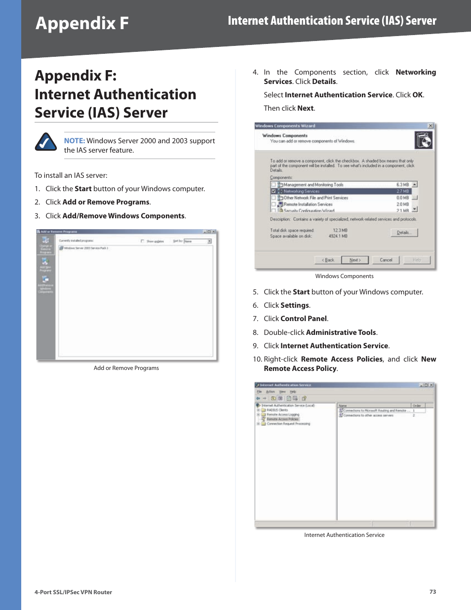 Appendix f, Internet authentication service (ias) server | Cisco 4-Port SSL/IPSec VPN Router RVL200 User Manual | Page 81 / 117