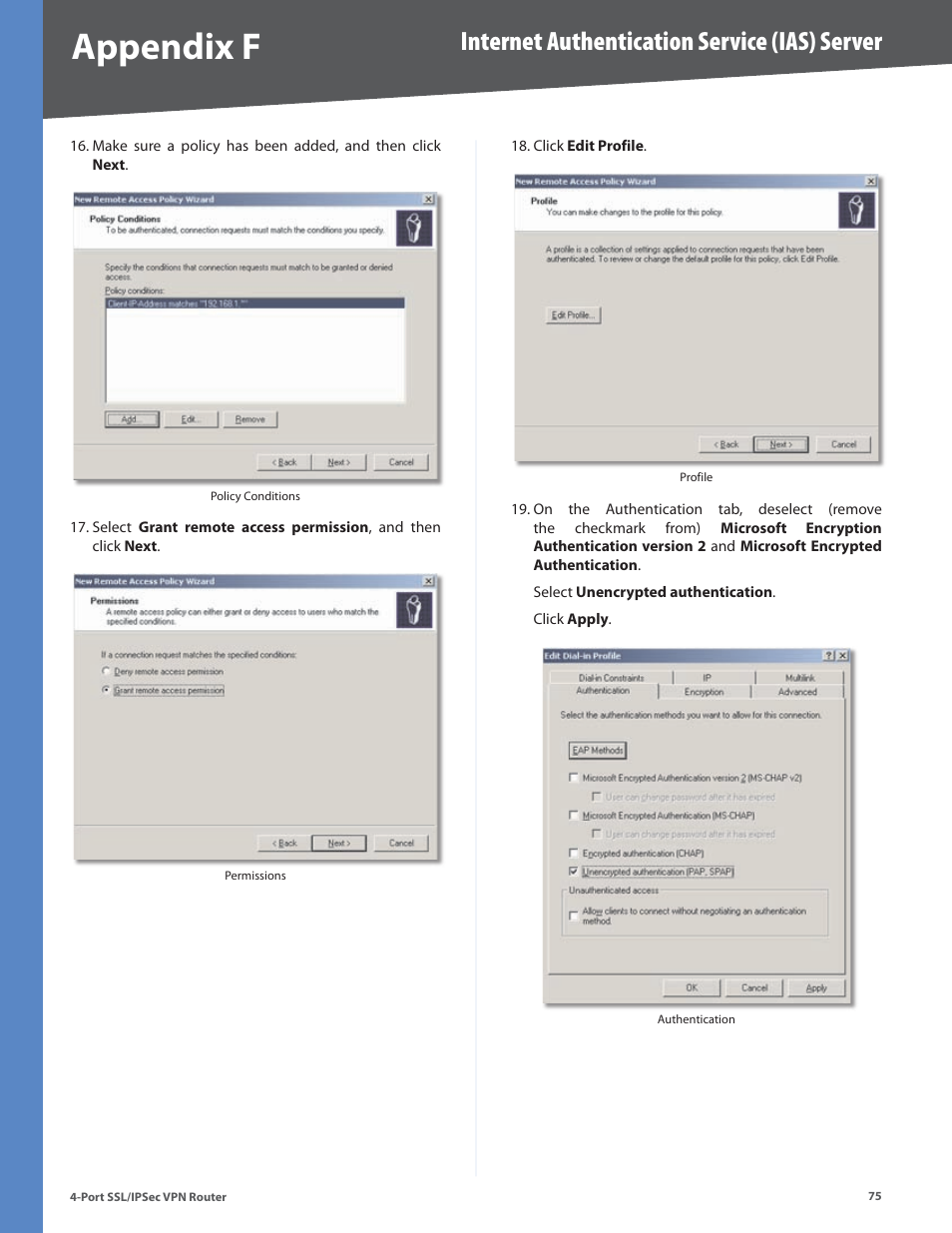 Appendix f, Internet authentication service (ias) server | Cisco 4-Port SSL/IPSec VPN Router RVL200 User Manual | Page 83 / 117
