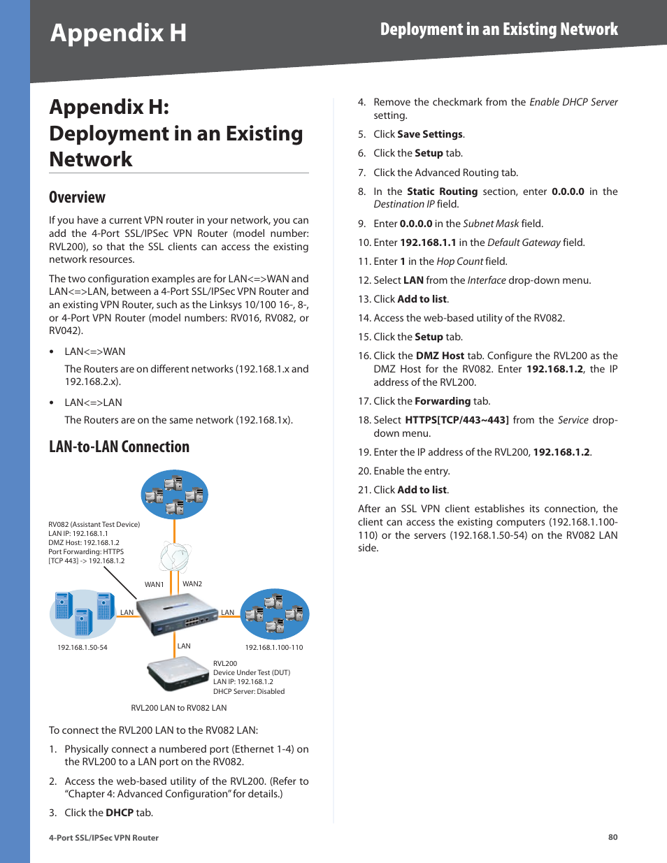 Appendix h: deployment in an existing network, Overview, Lan-to-lan connection | Overview lan-to-lan connection, Appendix h, Deployment in an existing network | Cisco 4-Port SSL/IPSec VPN Router RVL200 User Manual | Page 88 / 117