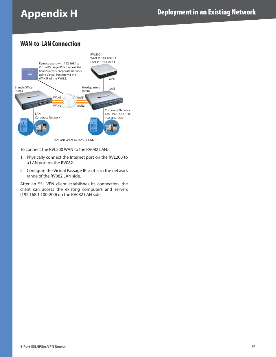 Wan-to-lan connection, Appendix h, Deployment in an existing network | Cisco 4-Port SSL/IPSec VPN Router RVL200 User Manual | Page 89 / 117