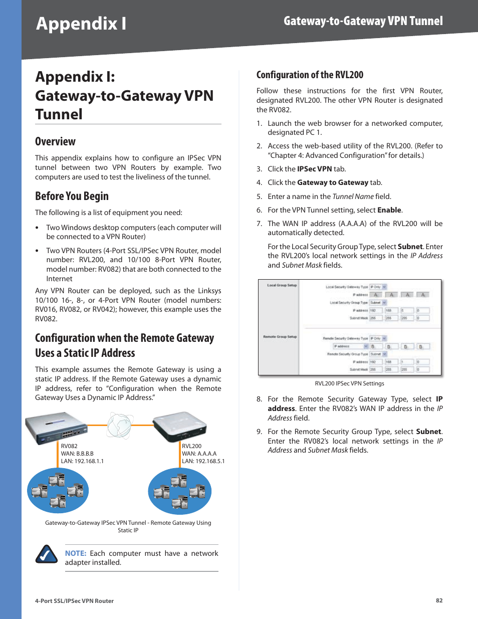 Appendix i: gateway-to-gateway vpn tunnel, Overview, Before you begin | Configuration of the rvl200, Appendix i, Gateway-to-gateway vpn tunnel | Cisco 4-Port SSL/IPSec VPN Router RVL200 User Manual | Page 90 / 117