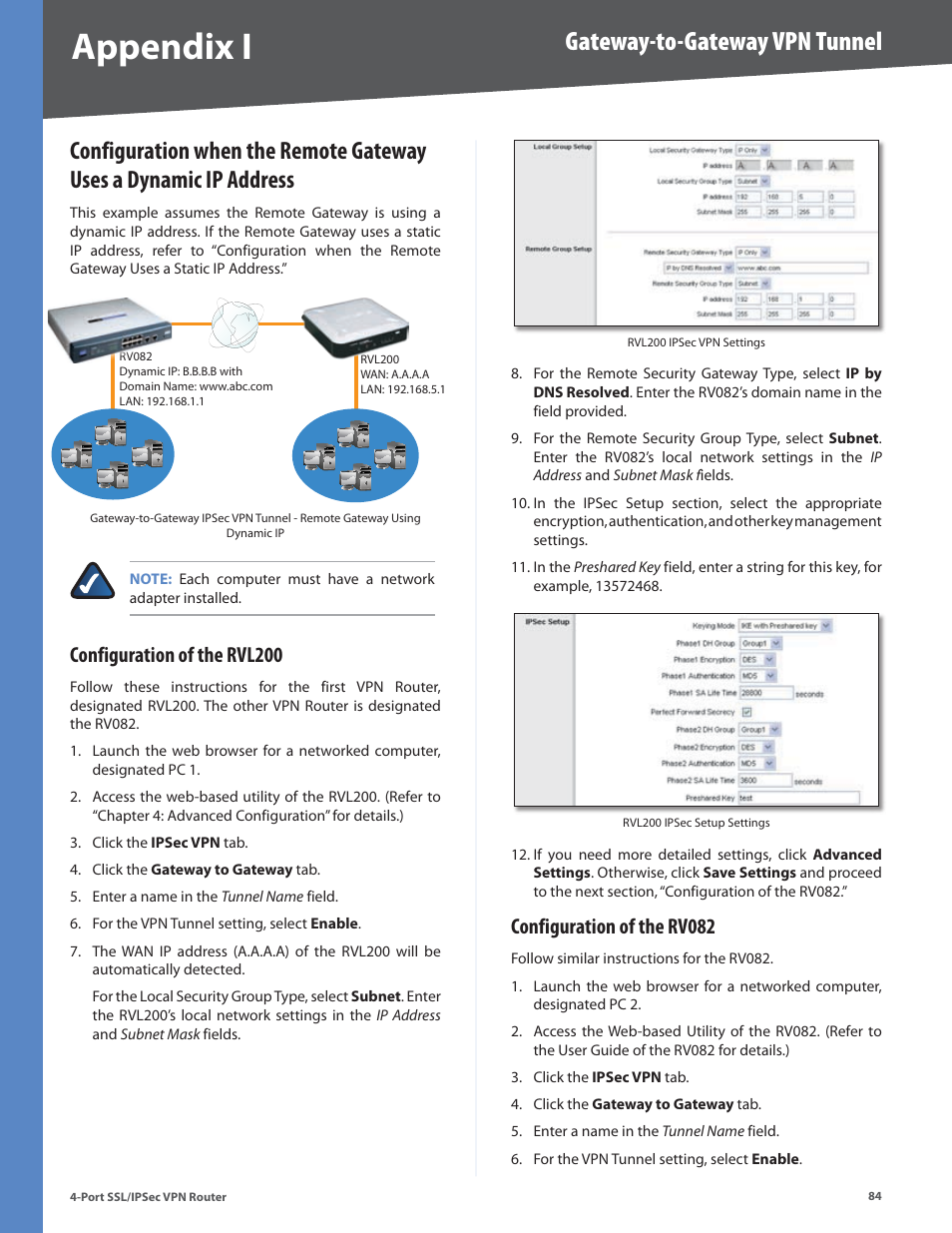 Configuration of the rvl200, Configuration of the rv082, Appendix i | Gateway-to-gateway vpn tunnel | Cisco 4-Port SSL/IPSec VPN Router RVL200 User Manual | Page 92 / 117