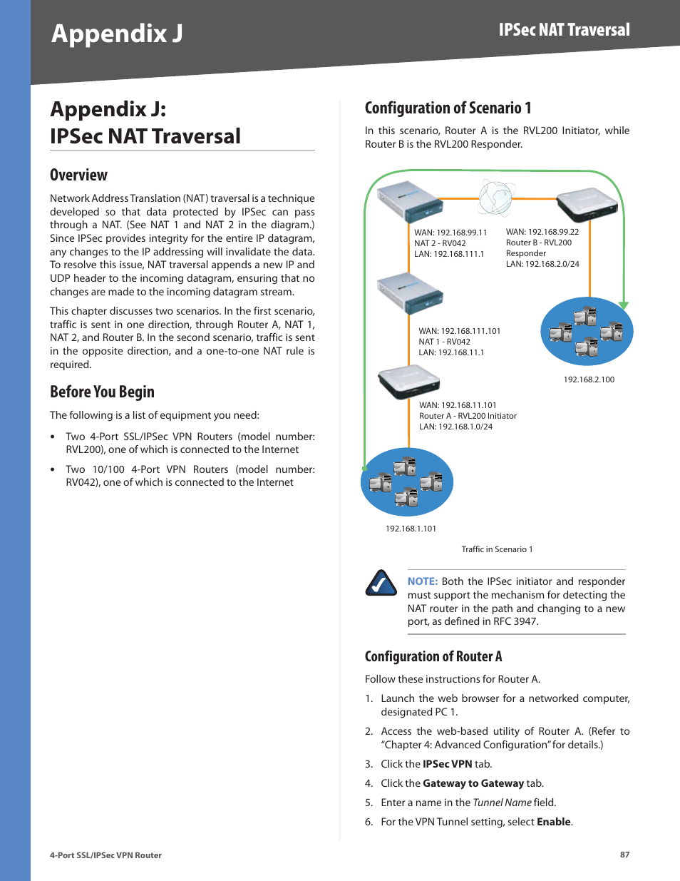 Appendix j: ipsec nat traversal, Overview, Before you begin | Configuration of scenario 1, Configuration of router a, Appendix j, Ipsec nat traversal | Cisco 4-Port SSL/IPSec VPN Router RVL200 User Manual | Page 95 / 117
