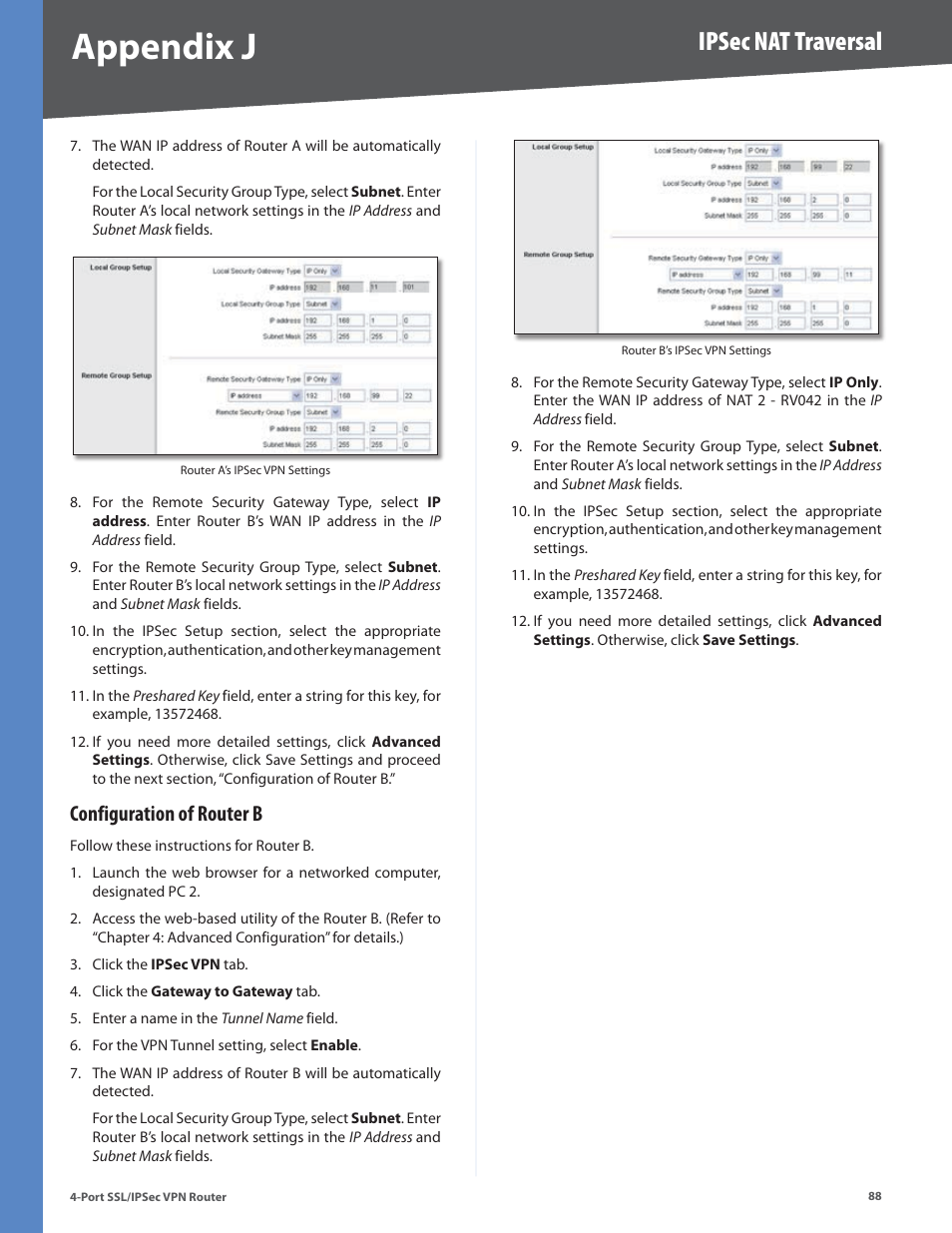 Configuration of router b, Appendix j, Ipsec nat traversal | Cisco 4-Port SSL/IPSec VPN Router RVL200 User Manual | Page 96 / 117