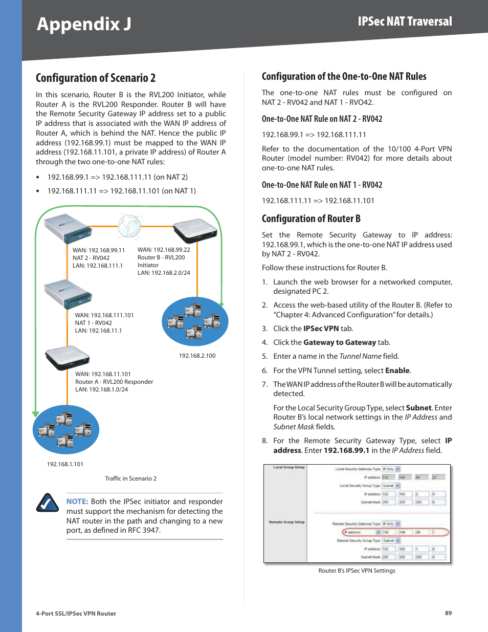 Configuration of scenario 2, Configuration of the one-to-one nat rules, Configuration of router b | Appendix j, Ipsec nat traversal | Cisco 4-Port SSL/IPSec VPN Router RVL200 User Manual | Page 97 / 117