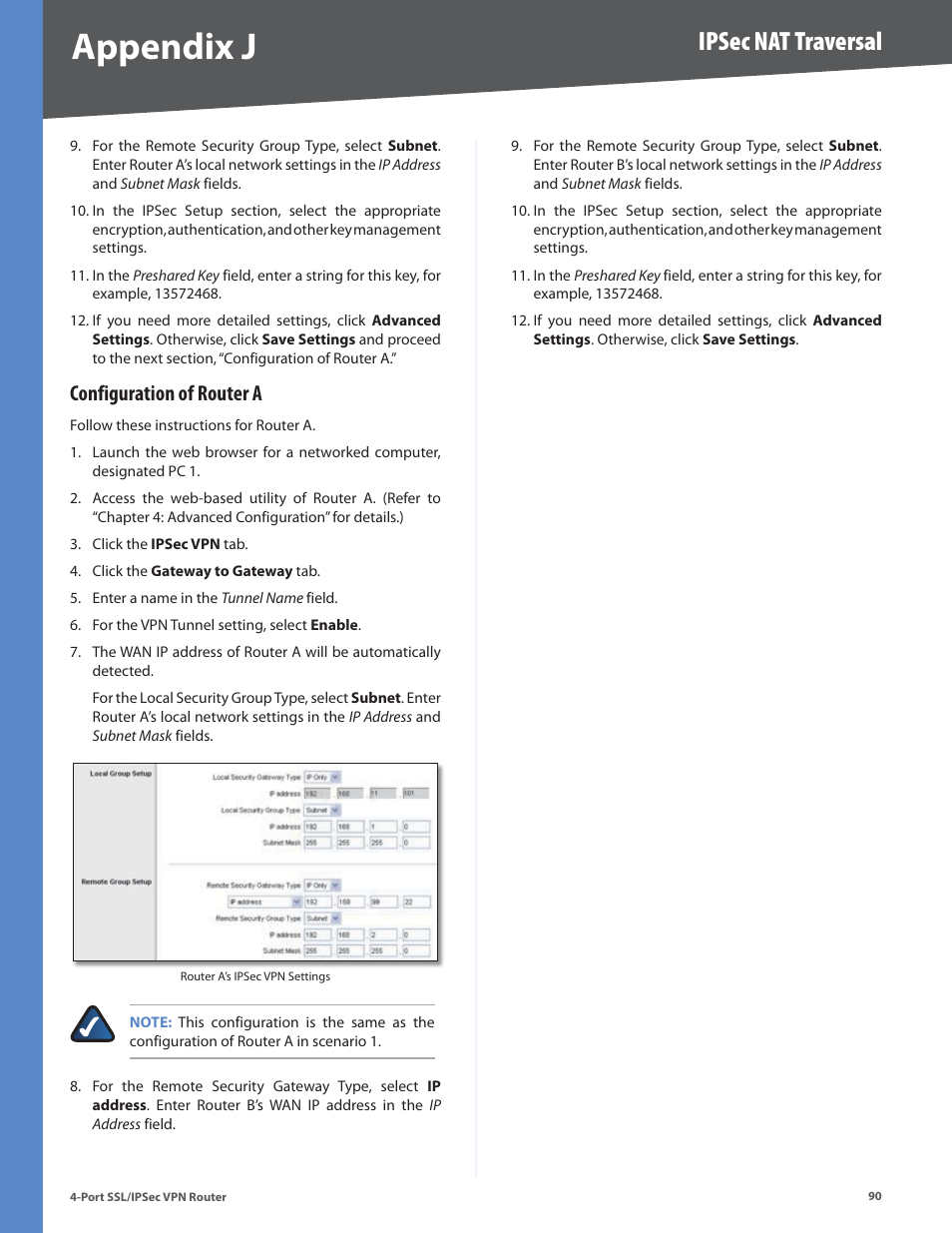 Configuration of router a, Appendix j, Ipsec nat traversal | Cisco 4-Port SSL/IPSec VPN Router RVL200 User Manual | Page 98 / 117