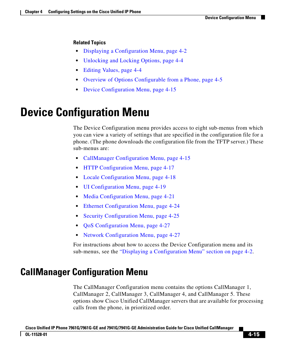 Device configuration menu, Callmanager configuration menu | Cisco IP Phone 7961G-GE User Manual | Page 15 / 36