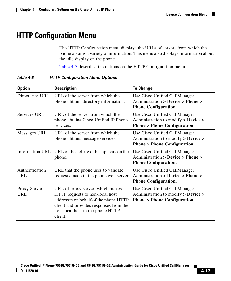 Http configuration menu | Cisco IP Phone 7961G-GE User Manual | Page 17 / 36