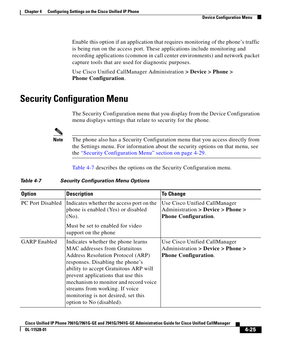 Security configuration menu, Security | Cisco IP Phone 7961G-GE User Manual | Page 25 / 36