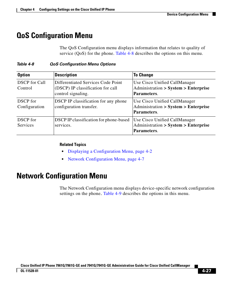 Qos configuration menu, Network configuration menu | Cisco IP Phone 7961G-GE User Manual | Page 27 / 36