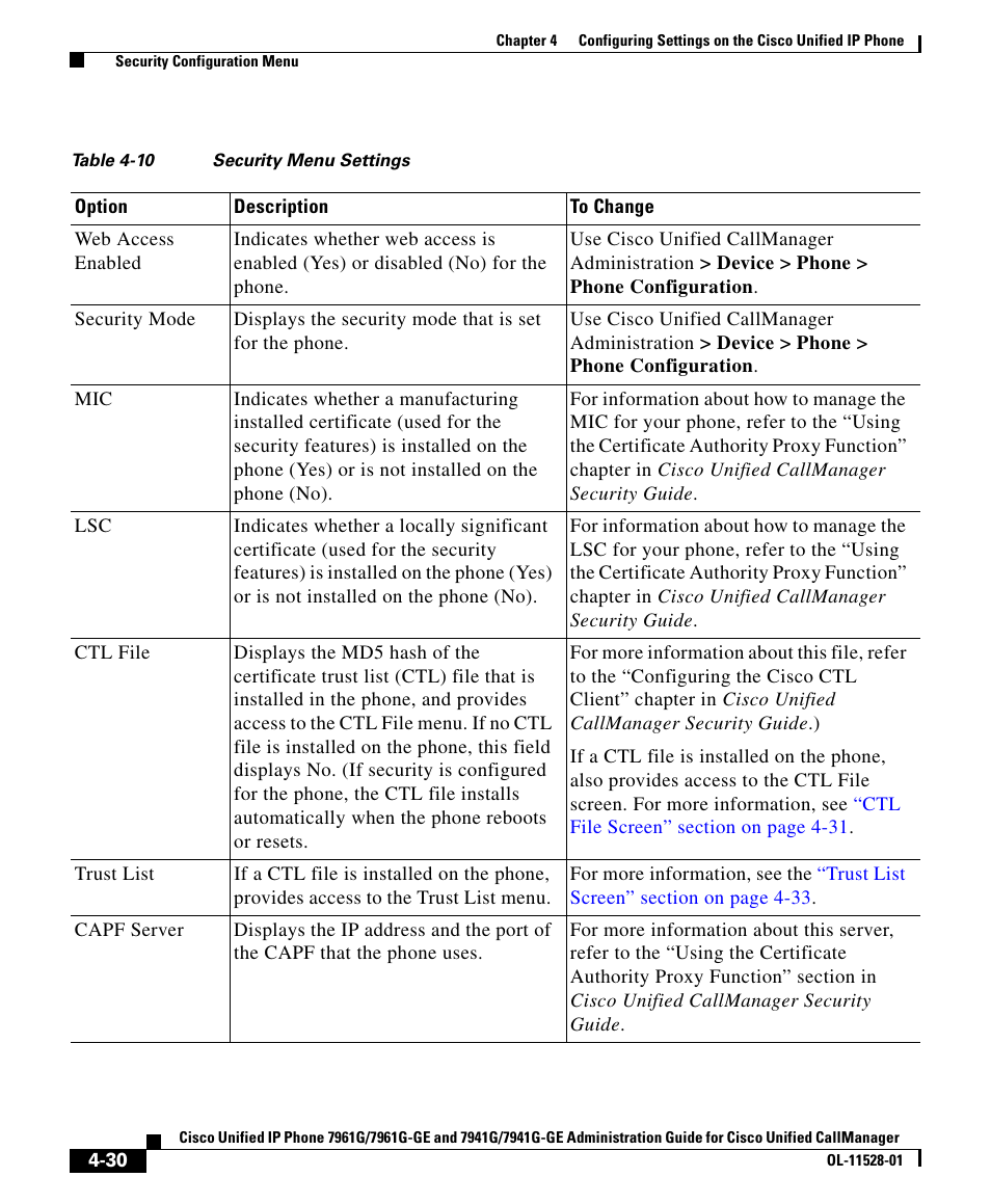 Table 4-10 | Cisco IP Phone 7961G-GE User Manual | Page 30 / 36