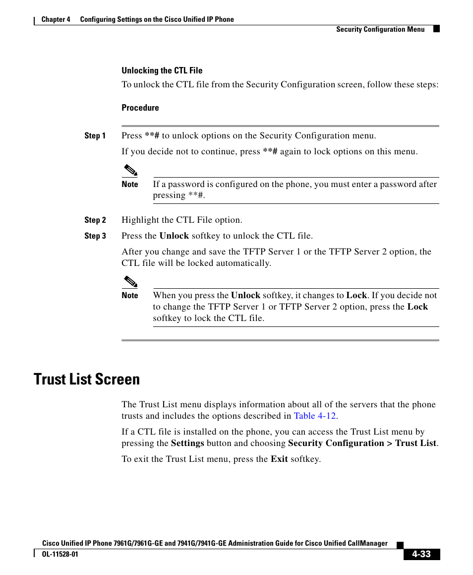 Trust list screen, Trust list | Cisco IP Phone 7961G-GE User Manual | Page 33 / 36