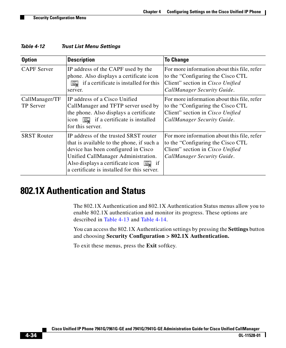 1x authentication and status | Cisco IP Phone 7961G-GE User Manual | Page 34 / 36