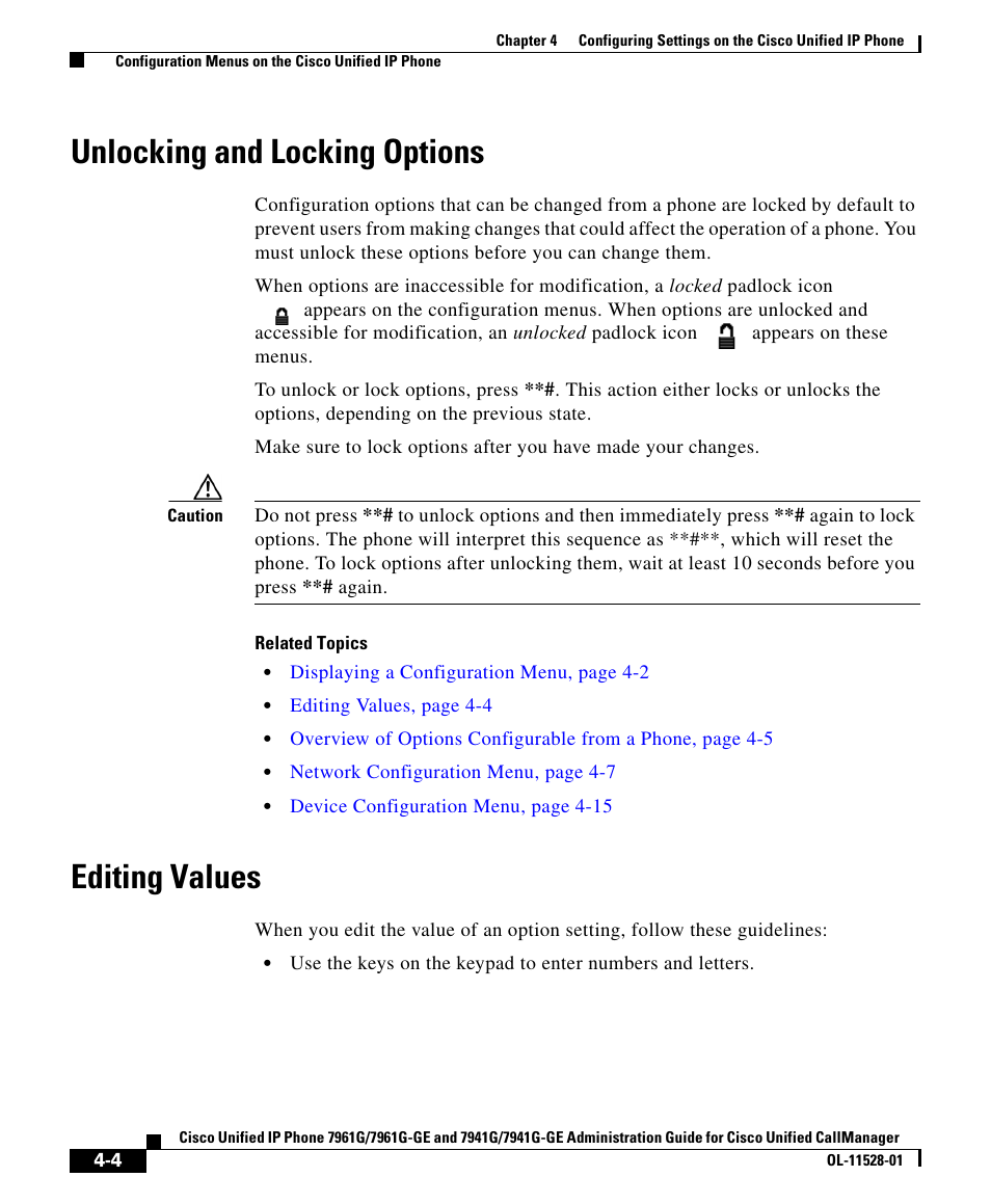 Unlocking and locking options, Editing values | Cisco IP Phone 7961G-GE User Manual | Page 4 / 36