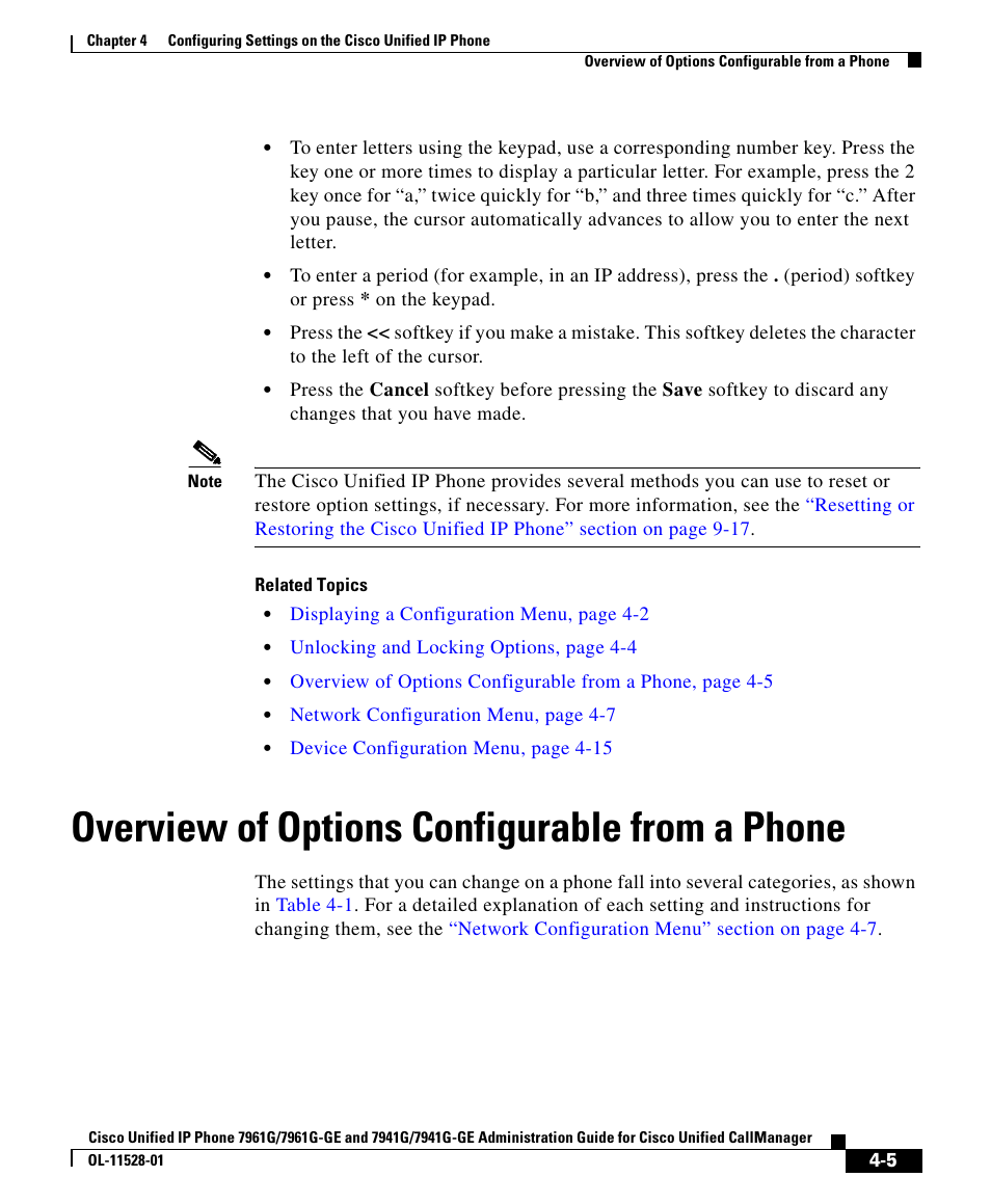 Overview of options configurable from a phone | Cisco IP Phone 7961G-GE User Manual | Page 5 / 36