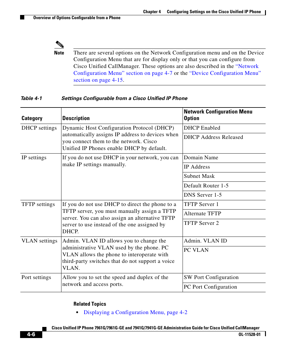 Table 4-1 | Cisco IP Phone 7961G-GE User Manual | Page 6 / 36