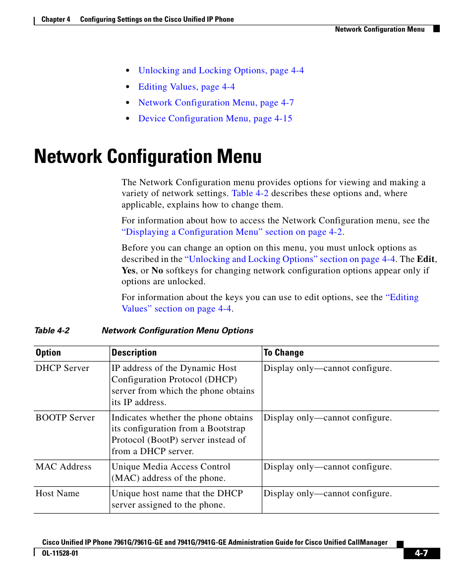 Network configuration menu, Network | Cisco IP Phone 7961G-GE User Manual | Page 7 / 36
