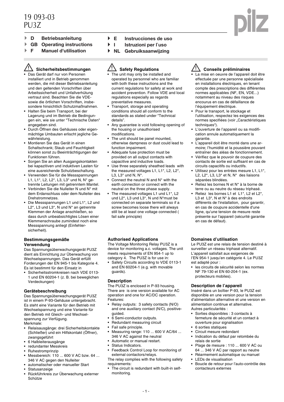 Pilz PU3Z 120-240VAC 3n/o 1n/c 6so User Manual | 16 pages