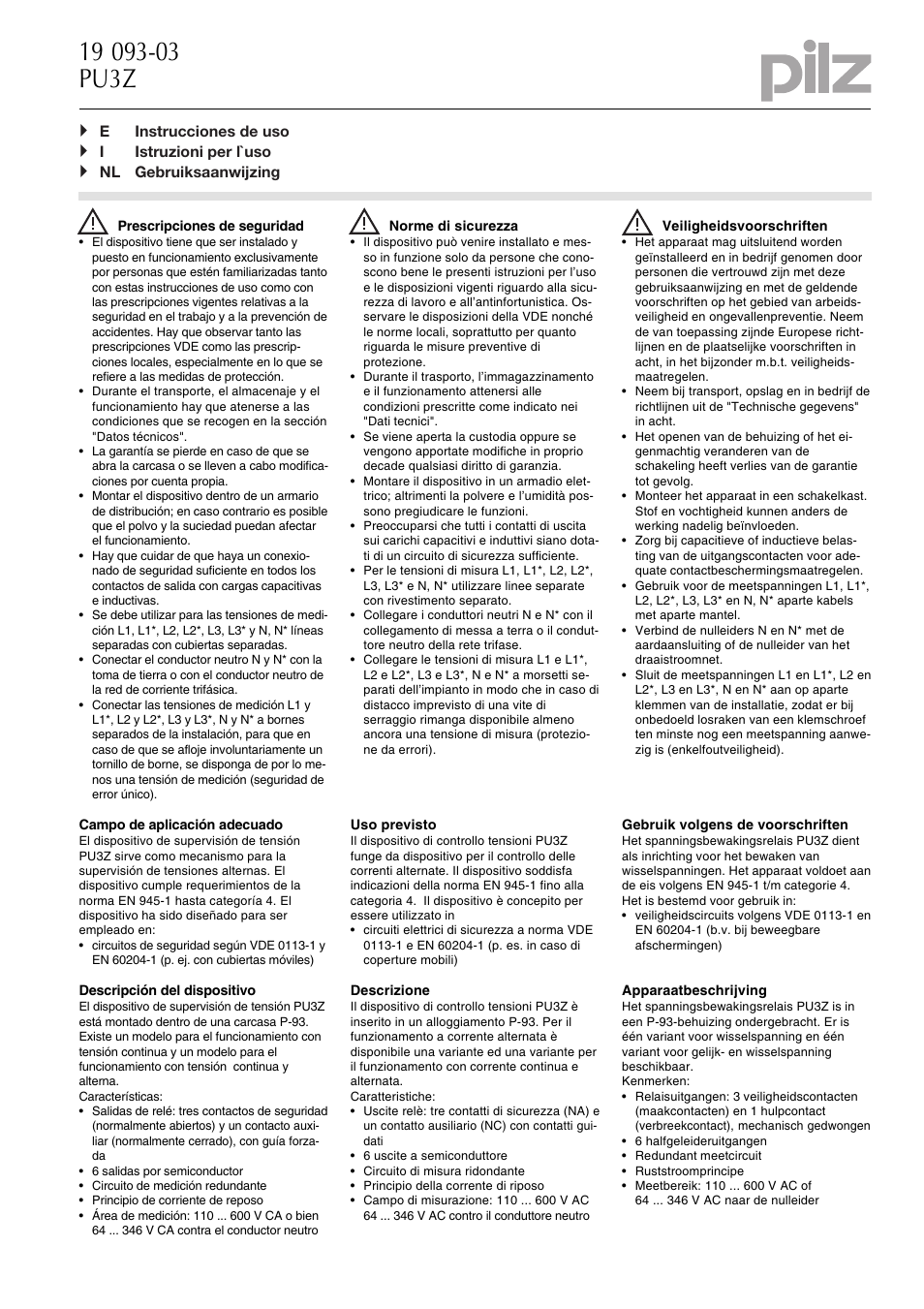 Pilz PU3Z 120-240VAC 3n/o 1n/c 6so User Manual | Page 9 / 16