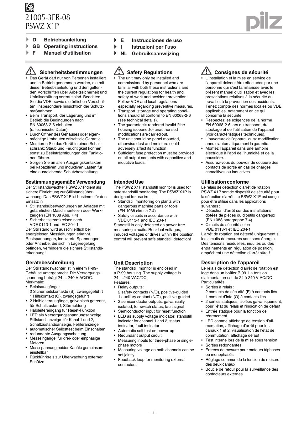 Pilz PSWZ X1P 0,5V /24-240VACDC 2n/o 1n/c 2so User Manual | 12 pages