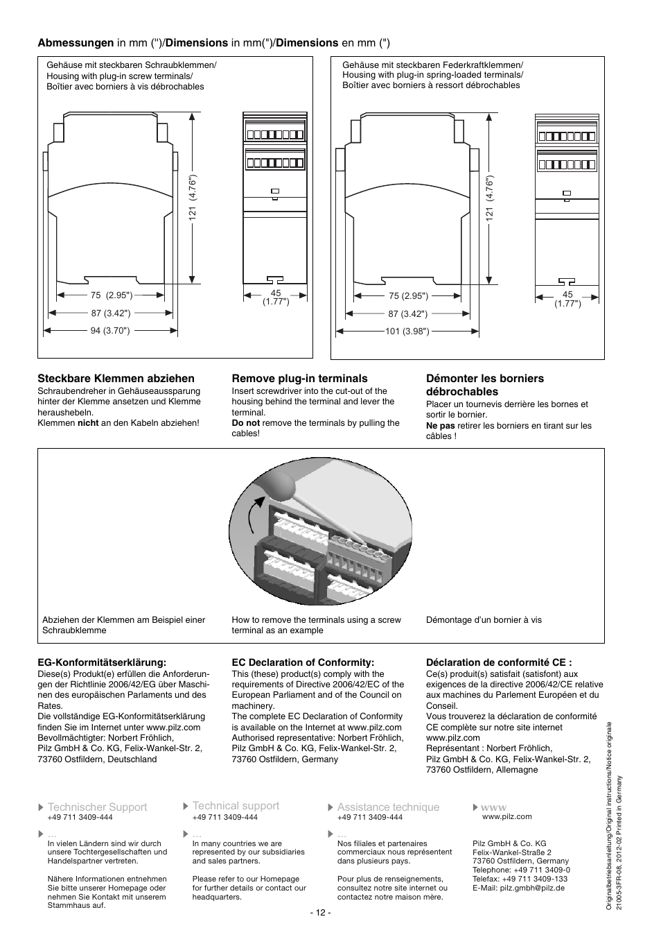 Steckbare klemmen abziehen, Remove plug-in terminals, Démonter les borniers débrochables | Pilz PSWZ X1P 0,5V /24-240VACDC 2n/o 1n/c 2so User Manual | Page 12 / 12
