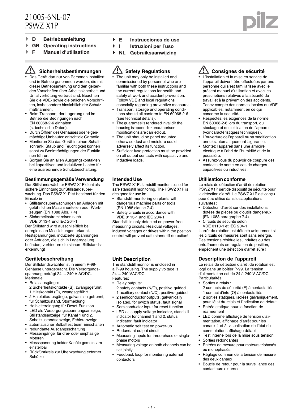 Pilz PSWZ X1P 0,5V /24-240VACDC 2n/o 1n/c 2so User Manual | 20 pages