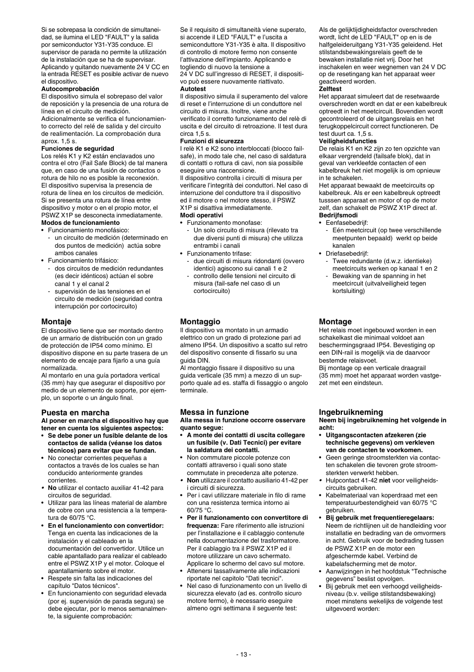 Montaje, Puesta en marcha, Montage | Ingebruikneming, Montaggio, Messa in funzione | Pilz PSWZ X1P 0,5V /24-240VACDC 2n/o 1n/c 2so User Manual | Page 13 / 20