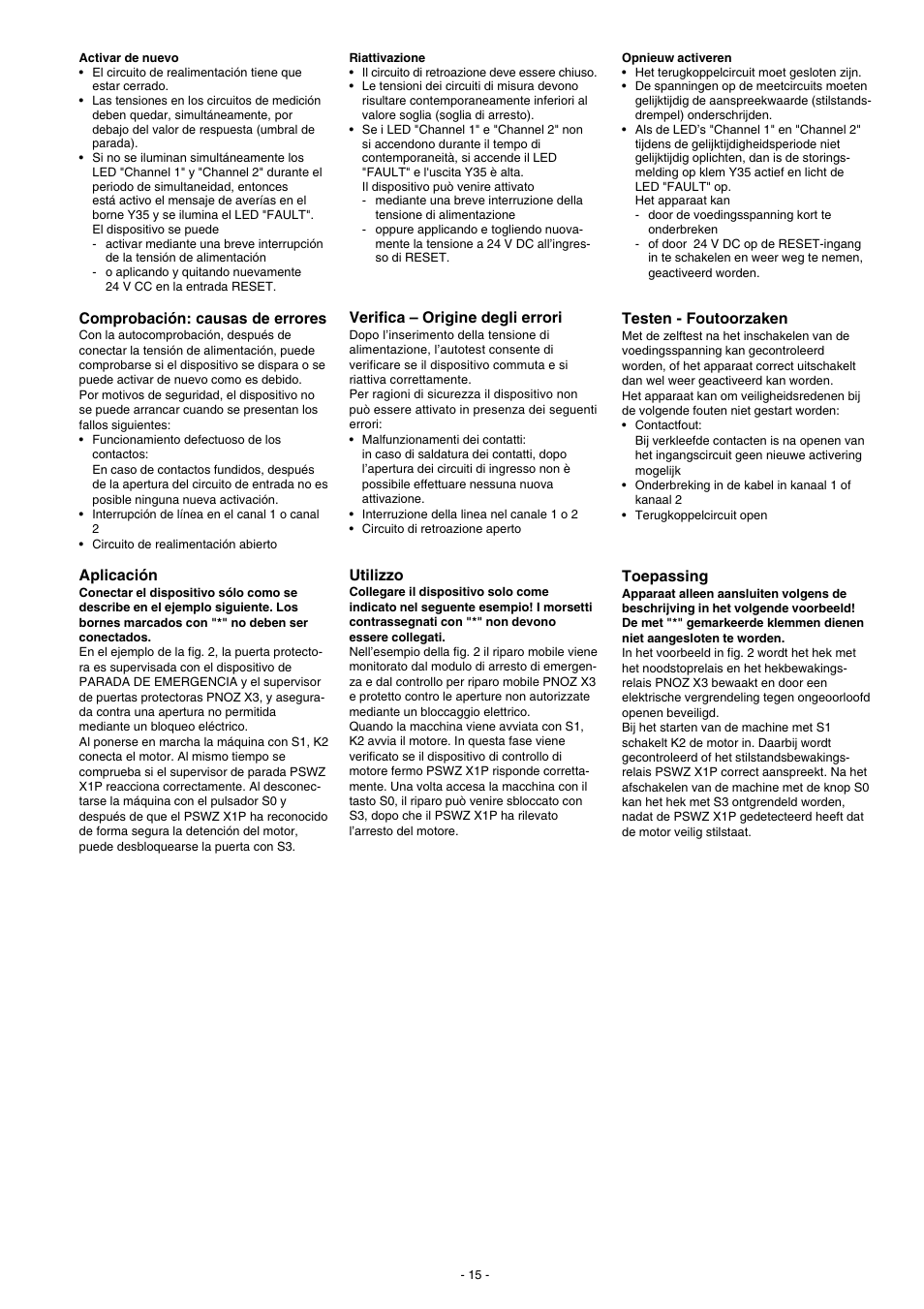 Comprobación: causas de errores, Aplicación, Testen - foutoorzaken | Toepassing, Verifica – origine degli errori, Utilizzo | Pilz PSWZ X1P 0,5V /24-240VACDC 2n/o 1n/c 2so User Manual | Page 15 / 20