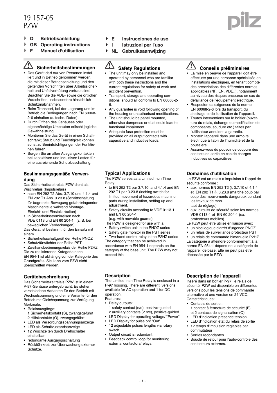 Pilz PZW 30/110-120VAC 1n/o 2n/c User Manual | 12 pages