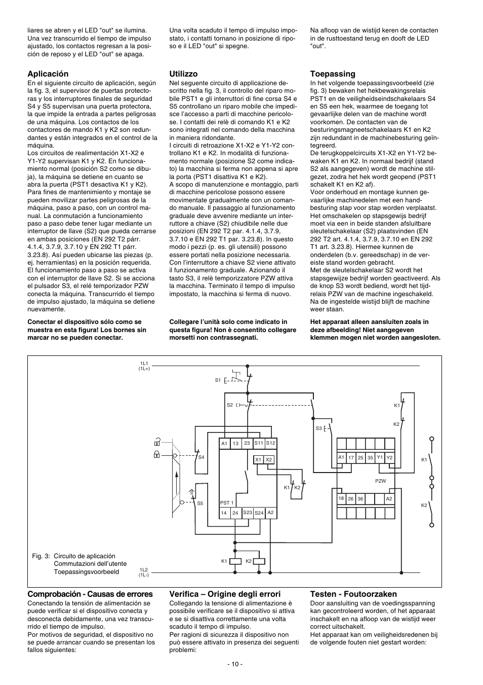 Aplicación, Comprobación - causas de errores, Utilizzo | Verifica – origine degli errori, Testen - foutoorzaken, Toepassing | Pilz PZW 30/110-120VAC 1n/o 2n/c User Manual | Page 10 / 12